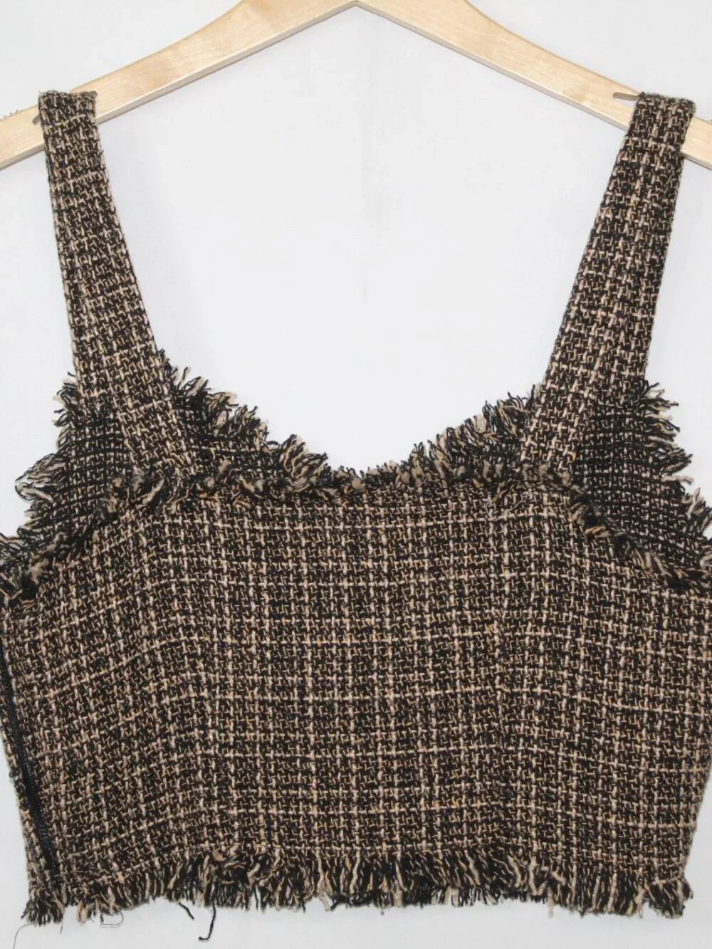 Mare Mare women's tweed crop top size S brown v neck raw hem sleeveless layering - Picture 9 of 10